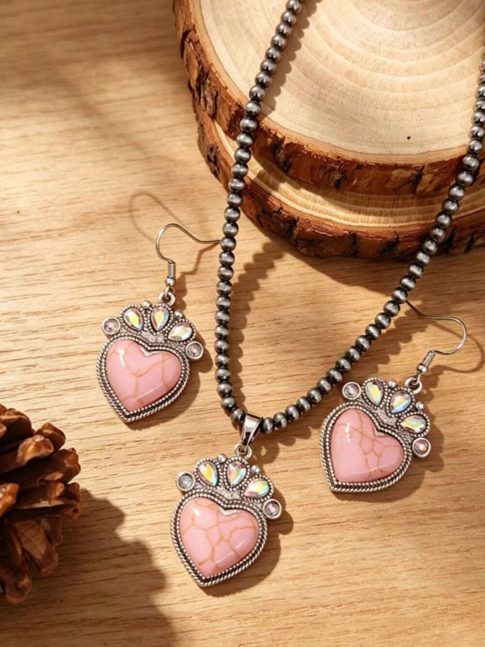 Bohemian Style faux pink turquoise Heart-Shaped Beaded Necklace And Earrings set